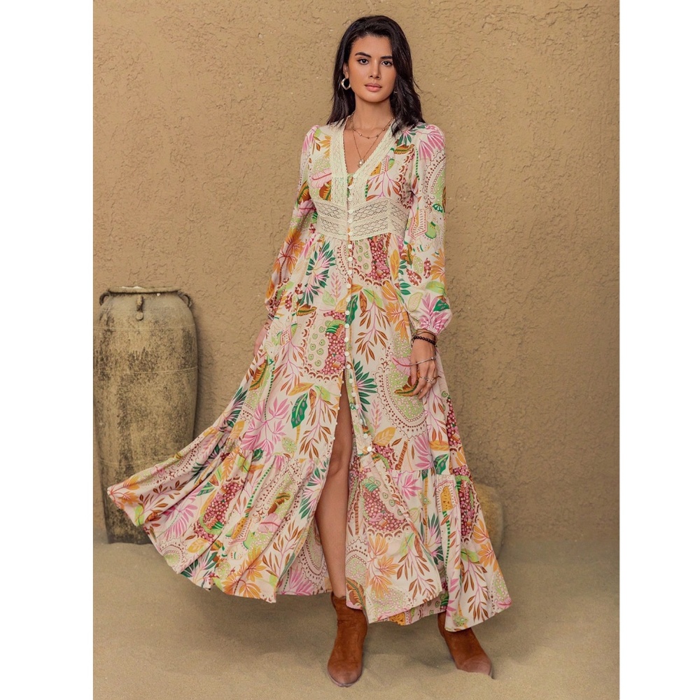 Floral Pink Bohemian Maxi Dress Lace V-Neck Long Sleeve Ruffle Hem Flowy - Picture 7 of 9